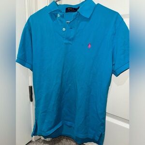 Blue Polo button down- pink logo / Size M